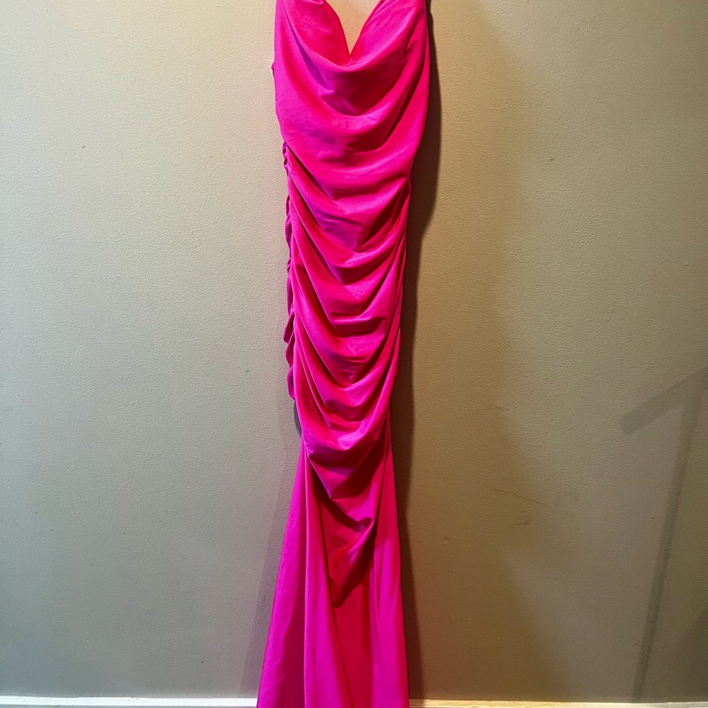 B Darlin Hot Pink Ruched Cowl-Front Maxi Gown